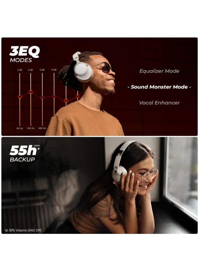 ZEBRONICS Silencio 111,Over Ear Wireless Headphone,Hybrid ANC (50dB),55*Hrs Backup,Transparency Mode,40mm Titanium Drivers,3 EQ Modes,ENC,Gaming Mode,Dual Pairing,Rapid Charge,Bluetooth v5.4 (White) - Image 4